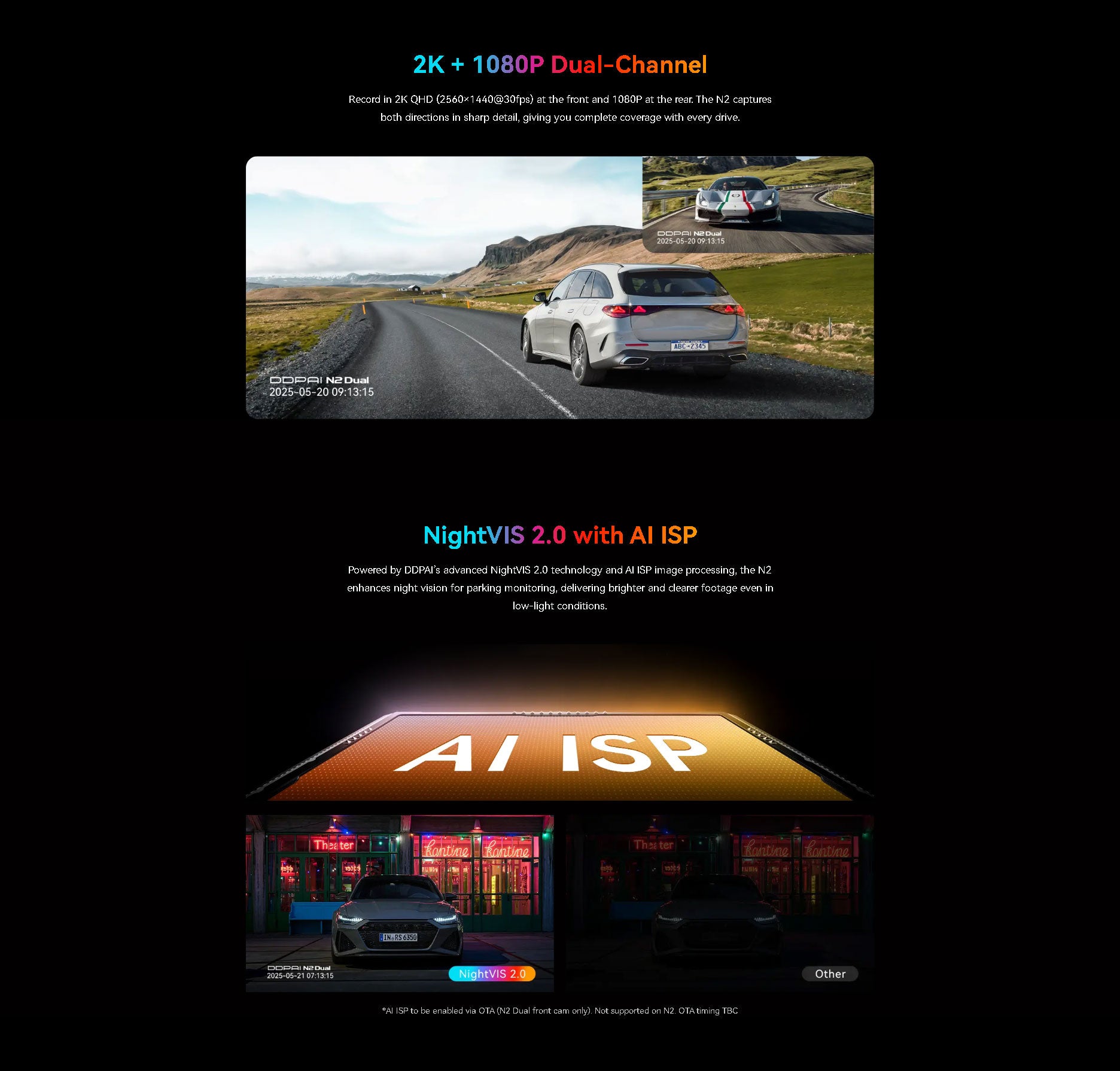 2K Front 1080P Rear Dash Cam DDPAI N2 Dual Night Vision Hidden Car Recorder Parking Monitoring